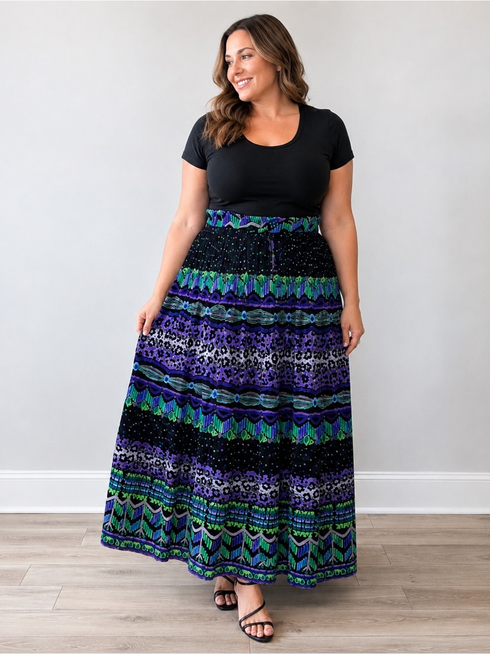 Vintage Belma Purple Green Print Maxi Skirt L/XL
